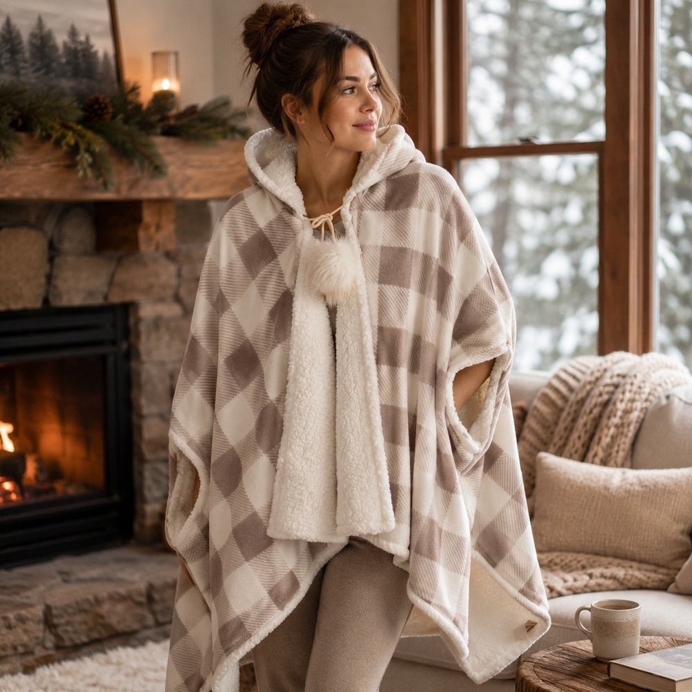 Soft Surroundings Sherpa Hooded Poncho Blanket Wrap OS Taupe Ivory Buffalo Plaid